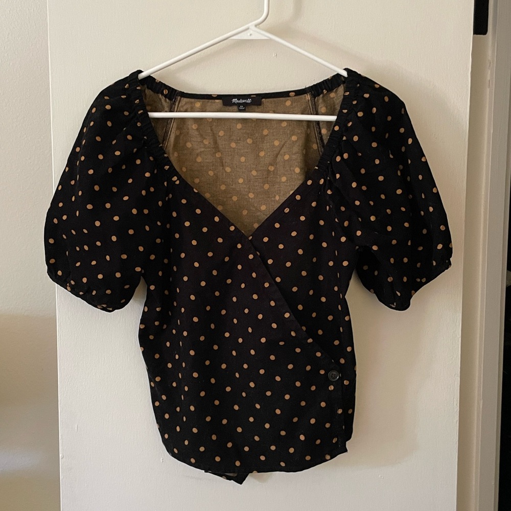 Corduroy puff-sleeve polka-dot V-neck top in XS